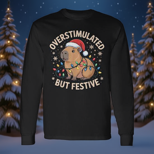Camiseta de manga larga con diseño navideño de Capybara, estilo meme, con la frase 'Overstimulated But Festive' - Product Image 3