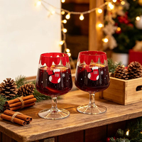 Verre à vin rouge à longue tige de 440 ml, décoré à la main, motif de Noël mignon, bordure rouge goutte à goutte, pour la décoration de la maison