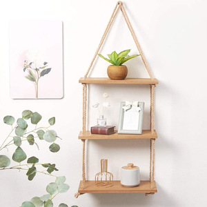 ชั้นวางของติดผนังไม้เพาโลเนียแบบสามชั้นพร้อมเชือกสำหรับตกแต่ง - Product Image 1