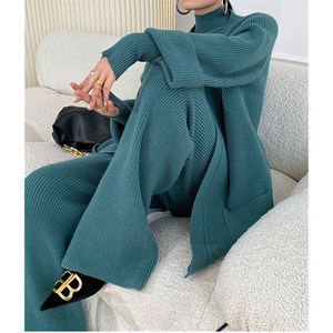 Venta al por mayor de prendas de punto de cuello alto abrigo largo y pantalón de las mujeres suéter conjuntos de moda gruesa elegante de punto de tres piezas traje de las mujeres - Product Image 5