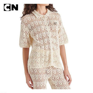 GRS Certification Sweater Manufacturer Custom logo <b>Women</b> Cotton <b>Short</b> <b>Sleeve</b> Summer Knitwear Hollow Out Crochet <b>Cardigan</b> Sweater - Product Image 3