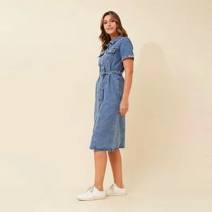 เดรสยีนส์ OEM รุ่นปี 2025 แบบสั่งทำพิเศษสำหรับผู้หญิง แขนสั้น ความยาวปานกลาง ชุดเดรสผ้าเดนิมสำหรับฤดูร้อน - Product Image 4