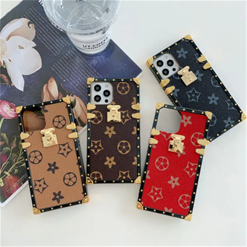 Luxury Fashion leather Square phone Case Woman Shockproof Soft Cover Man Business