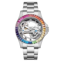 Montres OEM serties de diamants, montres de luxe à la mode avec pierres arc-en-ciel CNC, montre mécanique