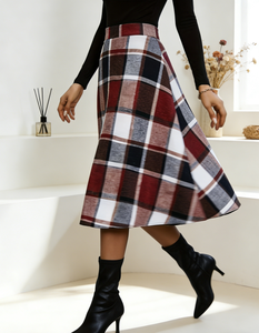 Fall Winter Vintage Checkered Fishnet Design Plus Size Casual Stretch Knee-Length Natural Waist Flared <b>Swing</b> Skirt for Women - Product Image 4