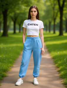 Pantalones Deportivos Caten para Mujer, Color Azul Claro, Cintura Alta, Cordón Ajustable, Largos, Color Sólido, Bolsillos Laterales, Transpirables, Corte Regular, Primavera - Product Image 2