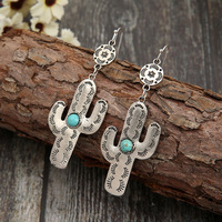 Boucles d'oreilles pendantes ethniques de style bohème occidental avec motif gravé plat, cactus et turquoise, pour femme, cadeau