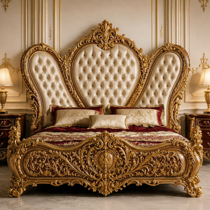 Persian Style Modern Hand Carved Golden Leaf Solid Teak Wood <b>Full</b> Size <b>Bed</b> <b>Set</b> with Nightstand Premium Bedroom Furniture India - Product Image 1