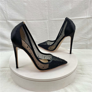 Chaussures de mariée noires à strass 8CM pour femme, escarpins respirants en maille à bout pointu, nouveaux talons aiguilles fins 2024 - Product Image 1