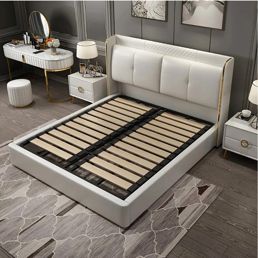 leather upholstered headboard wood slats king size white wingback bed