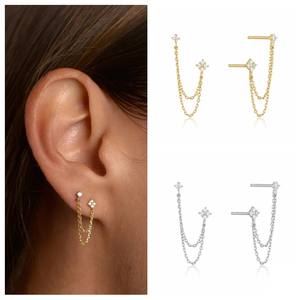 Orecchini Pendenti Huitan Delicati con 2 Fori, Diamanti e Zirconi, Doppia Catena, Gioielli INS per Donne - Product Image 2