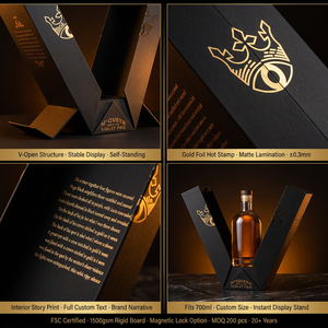 Boîte à spiritueux en forme de V, noire mate avec estampage doré, emballage de luxe personnalisé pour whisky, présentoir, coffret à vin - Product Image 2