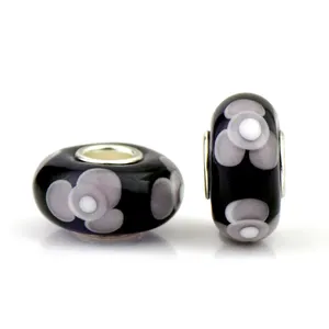 Perles de verre de Murano pour filles, vente en gros, luxe, noyau de cuivre, fleur noire, abat-jour, Bracelet, en céramique, pour conception de bijoux