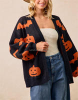 Cardigan en tricot jacquard surdimensionné à col en V et devant ouvert pour femme, motif citrouille et chauve-souris, manches longues, décontracté, pour l'automne, taille personnalisée et grandes tailles