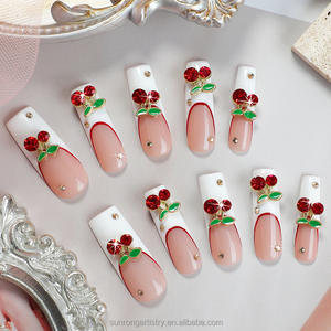 Ongles artificiels de luxe de haute qualité, <span class=keywords><strong>manucure</strong></span> française, décoration 3D <span class=keywords><strong>cerise</strong></span>, ongles press-on faits à la main - Product Image 2