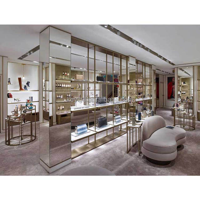 Gold Metal Steel Shelf Floor Display Racks for Fashion Boutique Handbag Stand for Retail Shop Fitting Clothing Store Display