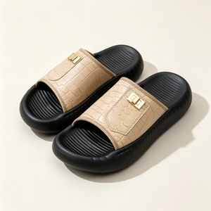 Chaussons plateforme pour hommes, patchwork contrastant, dessus en cuir croco métallisé de luxe, confortables, semelle épaisse, chaussons d'intérieur - Product Image 5