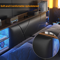 Cama Moderna de Tamaño Matrimonial con Luz LED RGB y Estación de Carga, Base de Cama de Plataforma de Metal Resistente con Cabecera Tapizada para Dormitorio, Hotel, Escuela