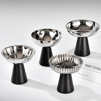 Elegante Tazón para Servir Postres de Acero Inoxidable con Borde Festoneado, Base de Madera Portátil, para Bebidas Frías, Helados, para Hotel, Restaurante, Bar
