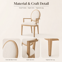 Fauteuil de salle à manger rembourré de style français moderne avec dossier ovale rond, structure en chêne blanc américain massif, accoudoirs ouverts pour salles à manger domestiques