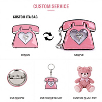Sac Ita personnalisé avec fenêtre en forme de cœur, ensemble cadeau assorti avec porte-clés et épingles de dessin animé, sac à téléphone Ita personnalisé, sac à main en cuir PU avec fermeture éclair