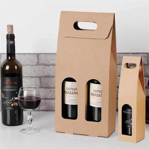Kraft Paper Wine <b>Bottle</b> Carrier 1-2 <b>Bottles</b> Recyclable Packaging <b>Box</b> With Handle - Product Image 1