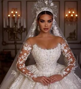 NDA10014 Luxury Lace Dubai Wedding Dresses Long Sleeves Sequins Beads Sheer Neck Appliques Glitter Tulle Bride Gowns - Product Image 2