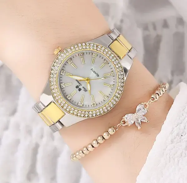 Reloj con diamantes para mujer, pulsera de acero dorado, resistente al agua, 2023 BS, 8051