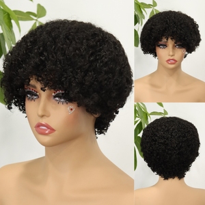 Perruque Courte Bouclée 100% Cheveux Humains pour Femmes Noires Couleur Roux Perruque Afro Crépue avec Frange Sans Dentelle Frontale Coupe Pixie Bob Sans Colle - Product Image 5