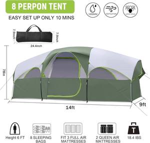 Tente spacieuse personnalisable pour 8 personnes, tente de camping imperméable de 3000 mm avec de grands fenêtres, conception à double couche pour le camping en famille - Product Image 5