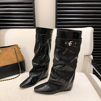 Damen Spitze Overknee-Stiefel aus Kunstleder Lässige Hohe Stiefel mit Verstellbarem Schnallenriemen Flacher Absatz Vintage Damen Langstiefel