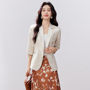 Women's Lightweight Blazer Champagne Color Three Quarter Sleeve Solid Pattern Casual Wear - Product Image 4