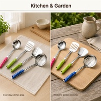 Ustensiles de cuisine colorés avec manche en ABS, en acier inoxydable 201 poli miroir : Louche, Cuillère ajourée, Spatule, Écumoire pour la cuisine domestique