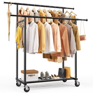 Porte-vêtements à double tringle sur roulettes, robuste, en métal, avec étagère inférieure pour rangement de chambre et placard - Product Image 6