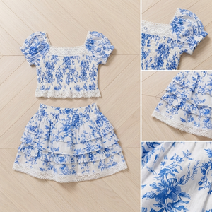 Tenues assorties pour sœurs, ensembles pour filles, imprimé numérique floral bleu personnalisé sur toute la surface, respirant, polyester et coton, tenues d'anniversaire pour jumelles - Product Image 4