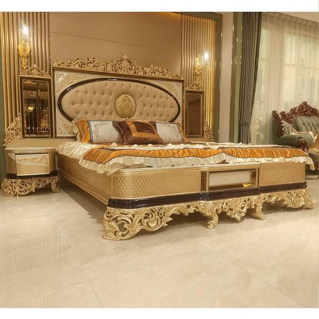 Turkish Luxury Tufted Bedroom Bed Furniture Set Solid Carved Wooden Headboard Bed European Royal Classic king Size Double Bed