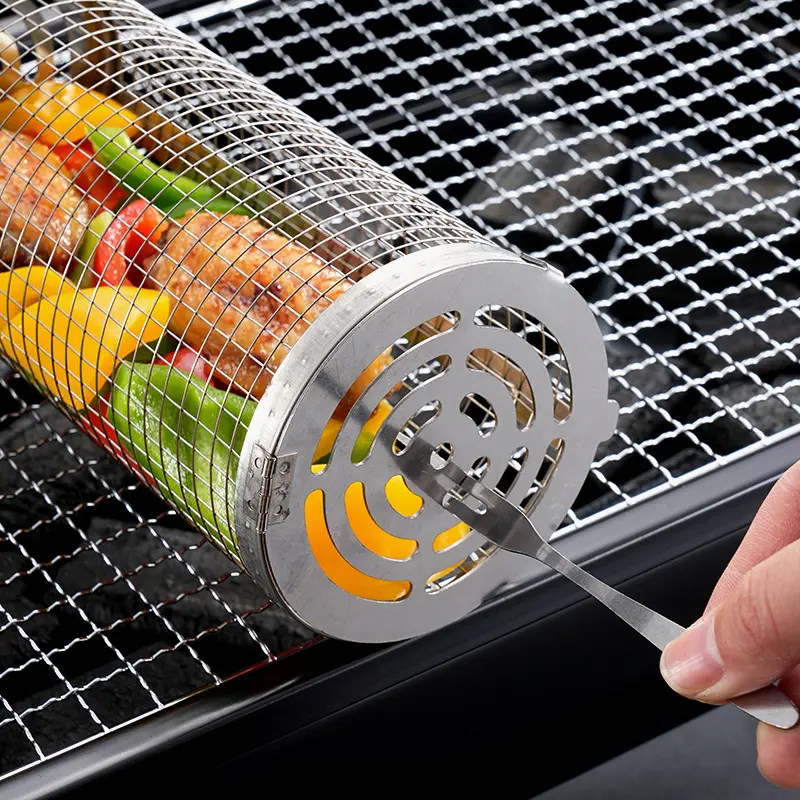 2023 Neuer Zylinder Grill korb Edelstahl Grill netz Gemüse Fleisch Metall Grill netz mit abnehmbarer Netz abdeckung