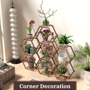 Support de plantes hexagonal d'intérieur pour plusieurs plantes, grand étagère à plantes en bois d'extérieur, support pour 10 pots, support à fleurs pour patio - Product Image 6