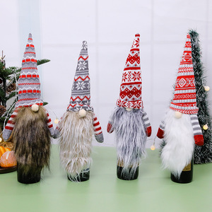 Housse de bouteille de vin de Noël en forme de gnome, tricotée, avec chapeau haut et barbe en peluche, décoration de table de fêtes - Product Image 1
