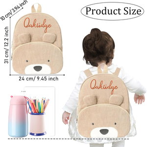 Sac à dos personnalisé en velours côtelé pour tout-petits avec nom brodé, sac d'école mignon personnalisé avec ours pour garçons et filles - Product Image 3