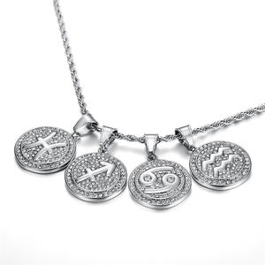 Mode 12 <span class=keywords><strong>astrologie</strong></span> <span class=keywords><strong>complet</strong></span> cristal rond disque 18k plaqué or en acier inoxydable signe zodiaque pendentif collier pour hommes - Product Image 4