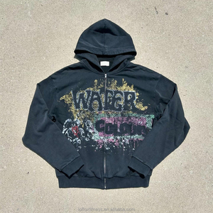 Tùy Chỉnh Dtg In Bông Y2K Hip Hop Thời Trang Dạo Phố Axit Rửa Đau Thống-Faded Zip Lên Boxy Cắt Áo - Product Image 2