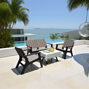 Ensemble de <span class=keywords><strong>salon</strong></span> extérieur tout en plastique | Lattes en plastique aspect bois, 2 chaises + causeuse + table | Patio Garden Backyard Use - Product Image 4