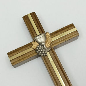 Croix murale en bois pour baptême avec ornement en métal en forme de calice, de raisin et de blé, décoration religieuse suspendue pour la première communion, cadeau - Product Image 1
