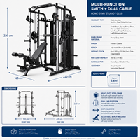 Machine Smith multifonctionnelle avec structure en acier et portique métallique, banc de musculation et rack à squats, extensible, portable, sécurisée, pour un entraînement complet de la force