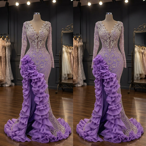 Purple Straight Casual Eco-Friendly Breathable Anti-static Empire Waist Organza Ruffles Sweep Train Floor-Length Evening <b>Dress</b> - Product Image 1