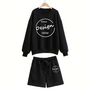 Pantalones cortos holgados de alta calidad bordado deportivo liso francés Terry polar azul cuello redondo sudadera de gran tamaño conjunto de mujer - Product Image 6