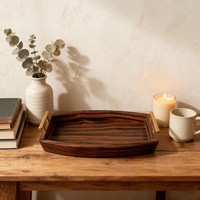 Plateau de service de luxe en bois de wengé et ébène, plateau ovale contemporain incurvé avec poignées métalliques, pour salon et table.