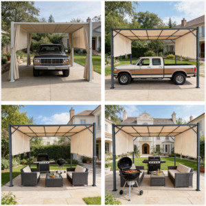 Gazebo Exterior de Techo Plano con Paneles Laterales y Estructura de Acero con Recubrimiento en Polvo <span class=keywords><strong>para</strong></span> Patio y Cochera - Product Image 2