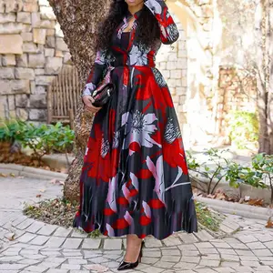 Street Wear Custom Temperament Lady Fall Printed Floral Maxi Women Hem Printed Casual Long Floral Dress